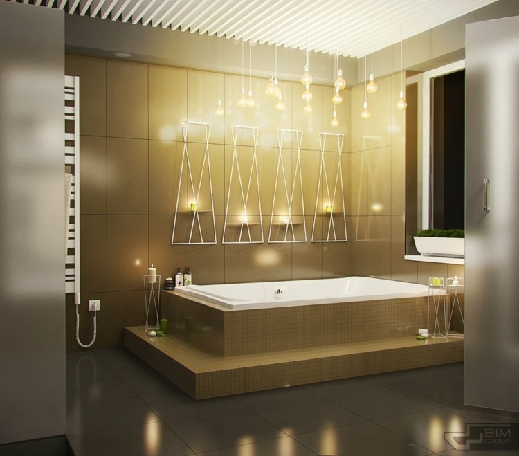 grå lägenhetsinredning badrumsbelysning badkar modernt