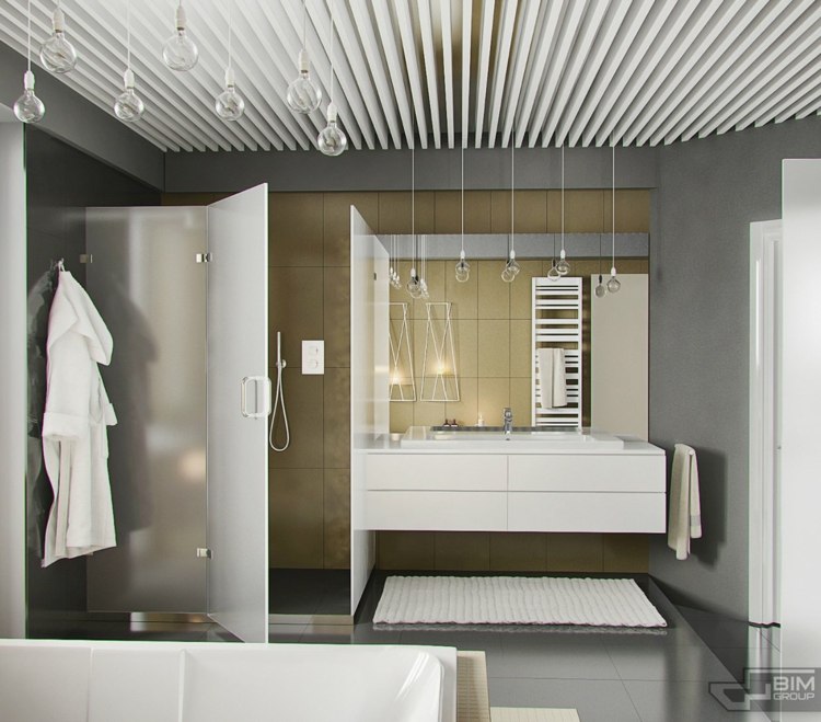 lägenhet grå inredning tak design badrum trälister vita lampor
