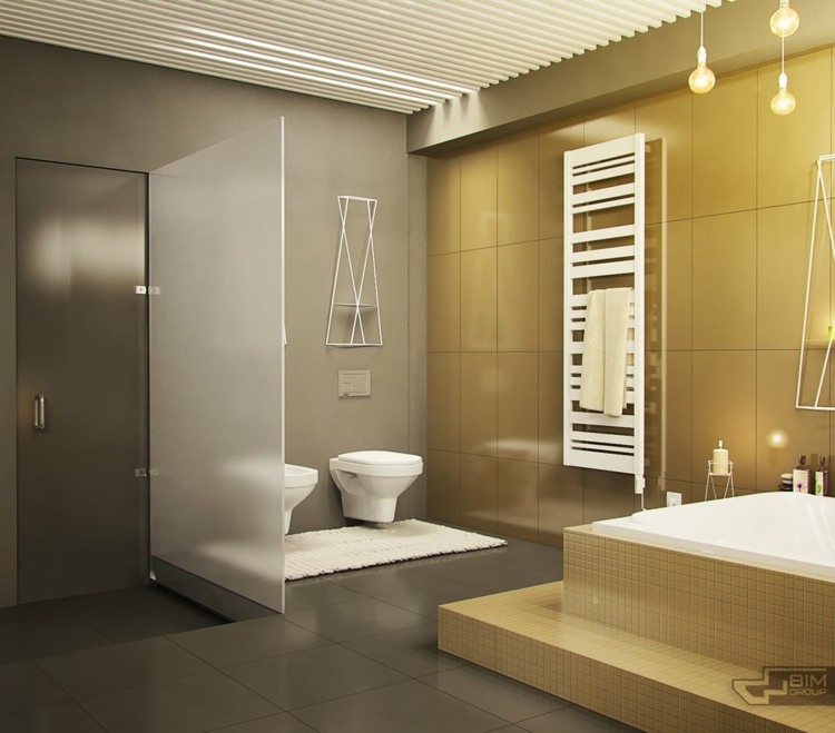 lägenhet med grå inredning skiljevägg frostat glas gula kakel toalett