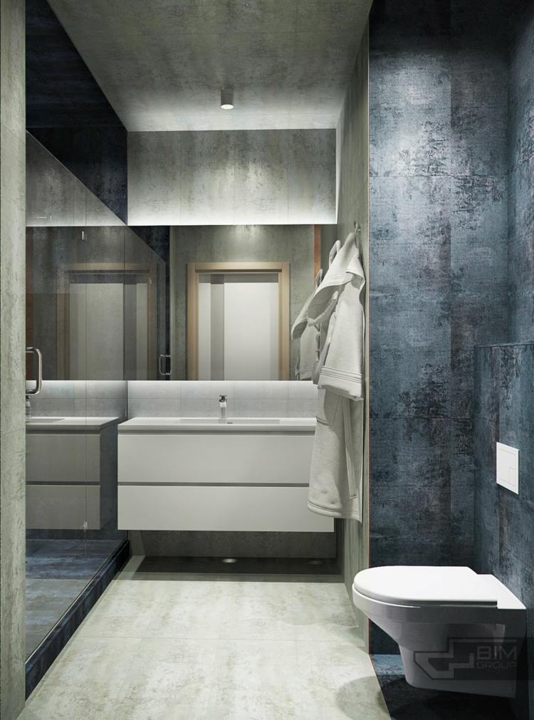 lägenhet med grå inredning badrum maskulin design tvättställ toalett