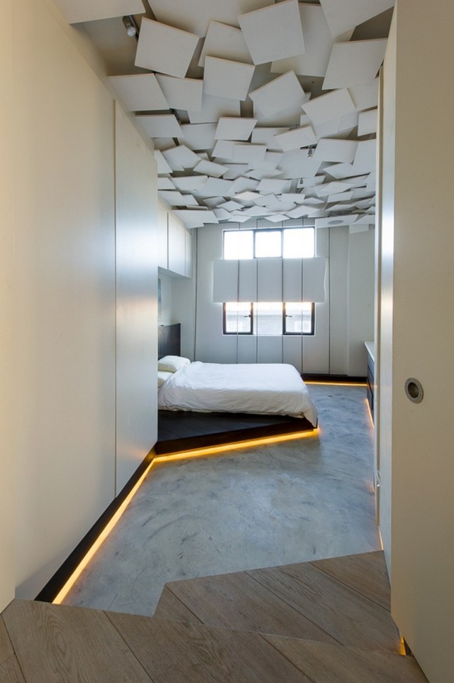 modernt sovrum säng tak design led belysning