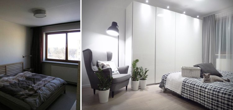 lägenhet-renovera-före-efter-sovrum-grå-vit-garderob-fåtölj