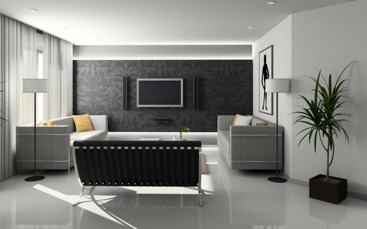 lägenhet-design-dig-neutral-monokrom-grå-tapet-accent-vägg-svart