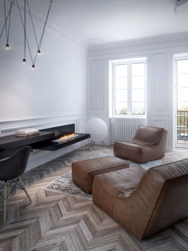 matta grå vardagsrum läderfåtölj brun öppen spis designa din egen lägenhet
