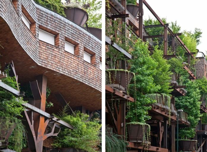 stål balk design rost look växter balkong ställningar