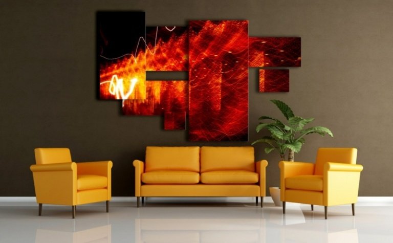 dekorera vardagsrum gul soffa fototapet idé brandväxt