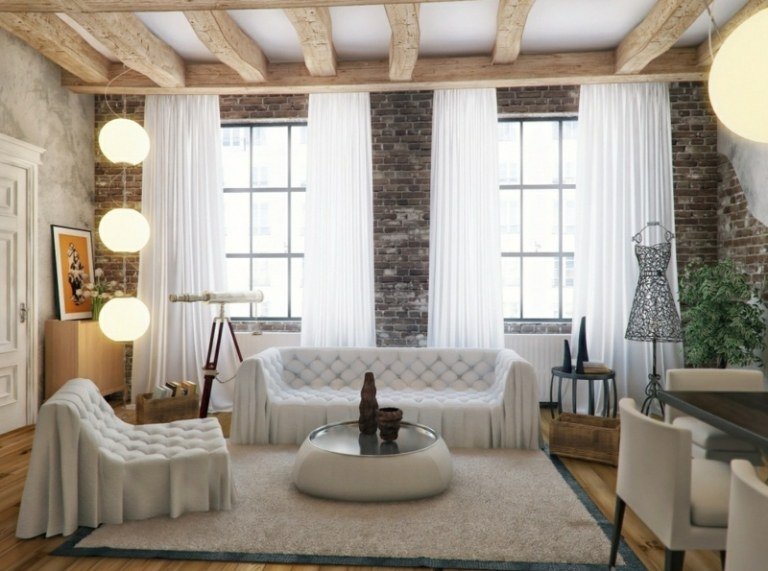 vardagsrum dekorera gardiner vit matta beige vägg design tegel