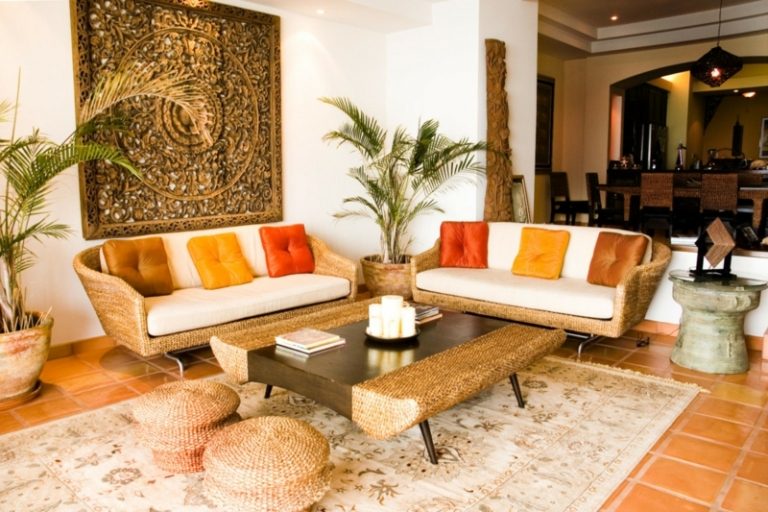 dekorera vardagsrummet korgdesign soffor exotiska möbler växter
