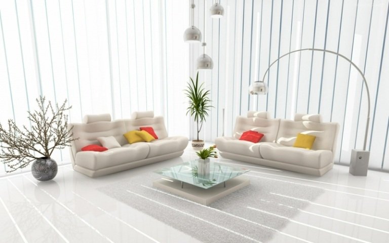vardagsrum dekorera vit inredning färgglada kuddar soffa golvlampa modern