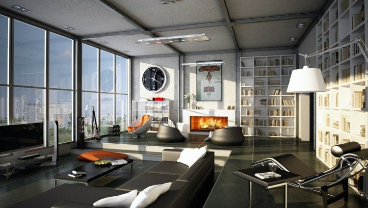 vardagsrum inredning loft design öppen spis fönster platt soffa läder