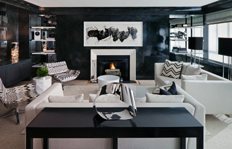 sätta upp vardagsrum skorsten svart vägg design möbler vit