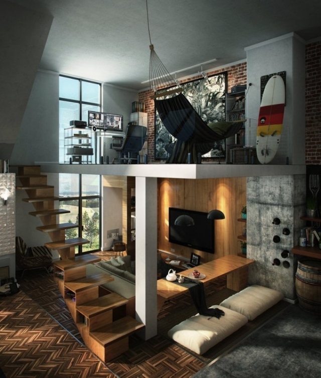 Duplex lägenhet-inredning idéer-golv-träplattor-hemmakontor-hängmatta