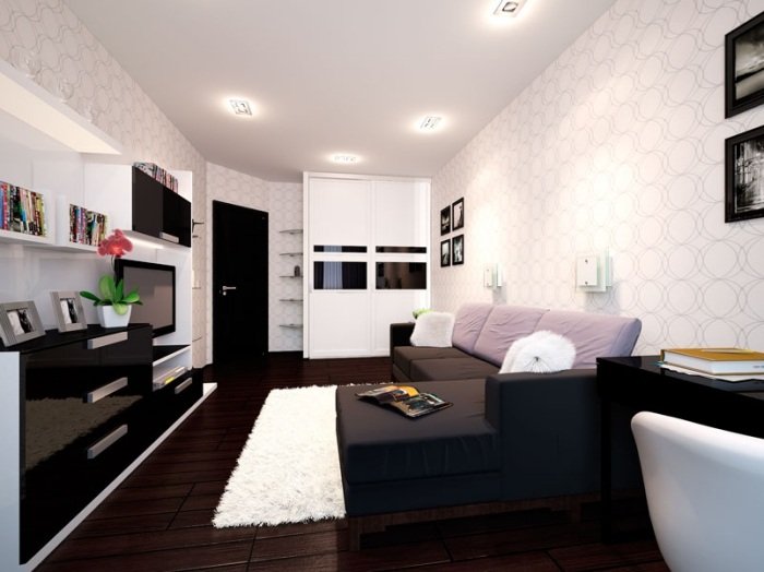 Inred ett smalt vardagsrum-modern-vit-svart-kombination