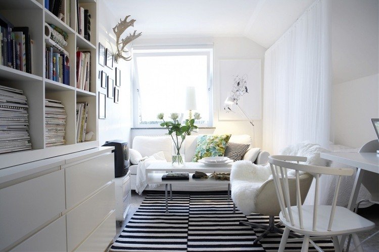 Inredning av ett smalt vardagsrum i skandinavisk stil vitt