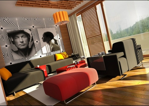 eklektisk-vardagsrum-design-röd-soffa-parkett