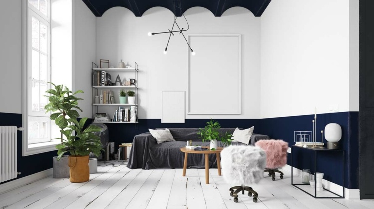 skandinavisk-vit-blå pall i vardagsrummet