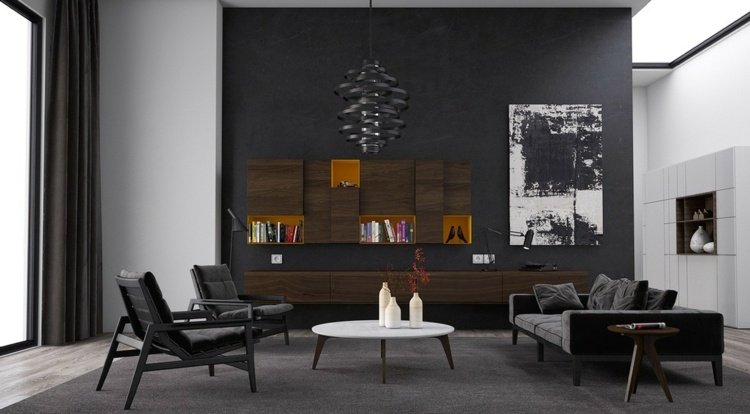 vardagsrum-idéer-svart-soffa-accent vägg-lowboard-stolar