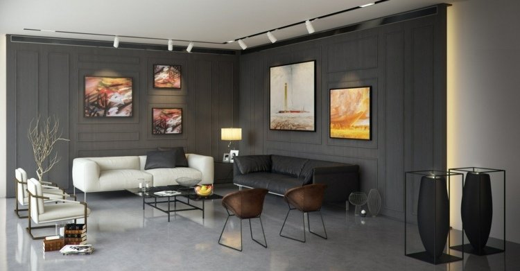 vardagsrumsidéer för svart soffa vintage-modern-eames-grå-väggar