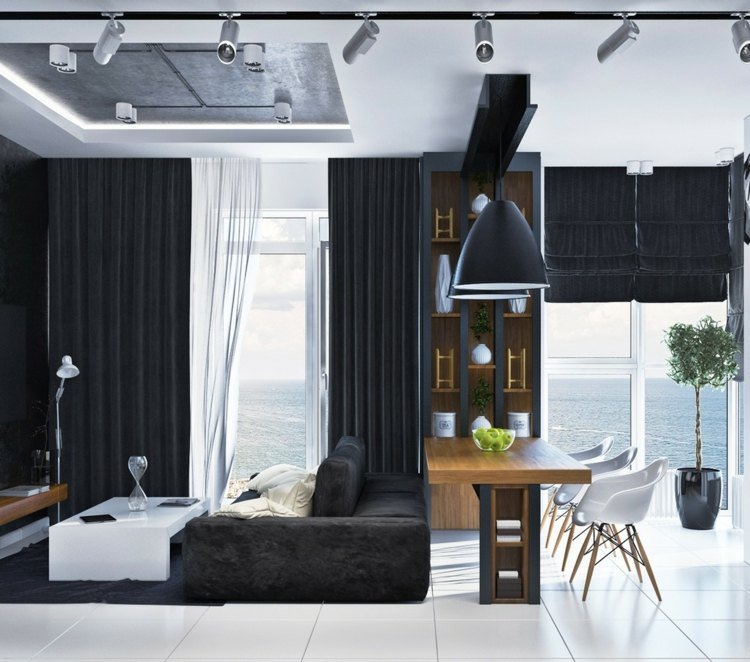 vardagsrum-idéer-svart-soffa-matbord-eames-vita-taklampor