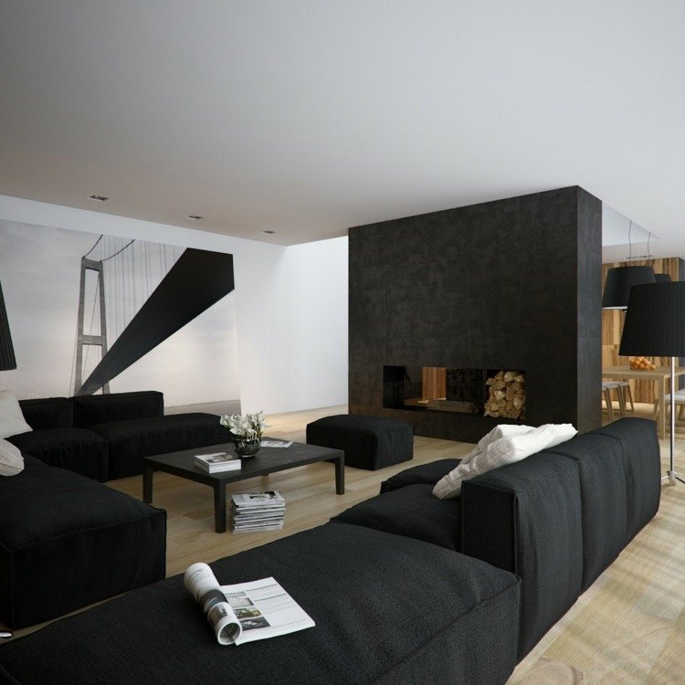 vardagsrumsidéer för svart soffa spis-modern-beige-golv