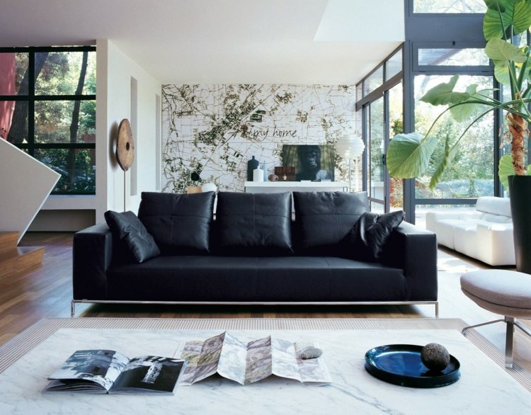 vardagsrumsidéer för svart soffa läder-vit-marmor-soffa-ljus-atmosfär