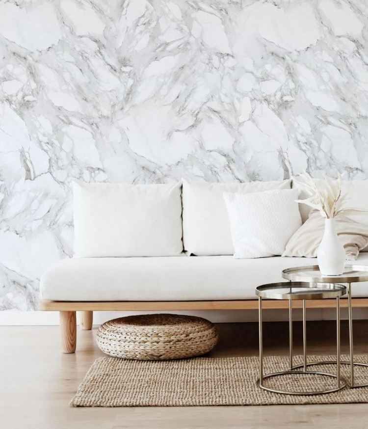Natursten tapet marmor look i vardagsrummet