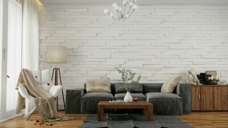 lantlig stil vardagsrum vägg imitation trä vit soffa blågrå
