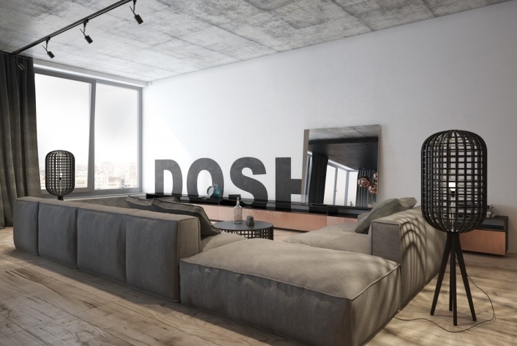 Vardagsrum i gråhörnsoffa-modulär-soffa-stor-industrail-design-industriella lampor-trä golv-skänk
