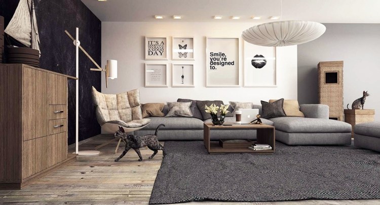 Vardagsrum i gråhörnsoffa-modern-golv-trä-grov-hängande-lampa-soffbord-katter