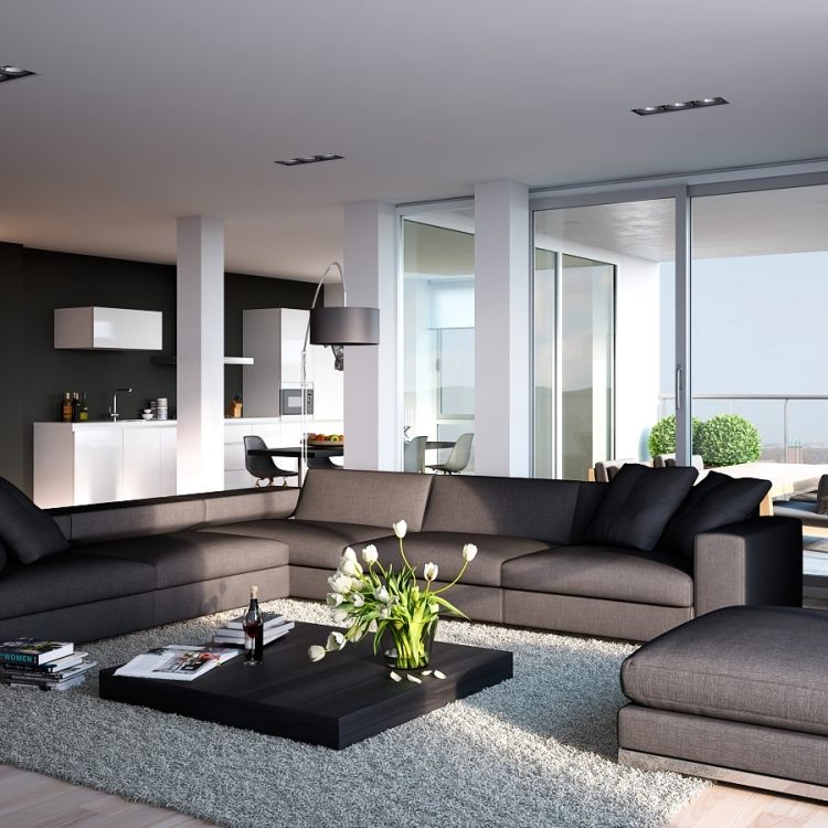 vardagsrum-grå-hörn-soffa-matta-couctisch-platt-blomma-vas-fönster-öppna-kök