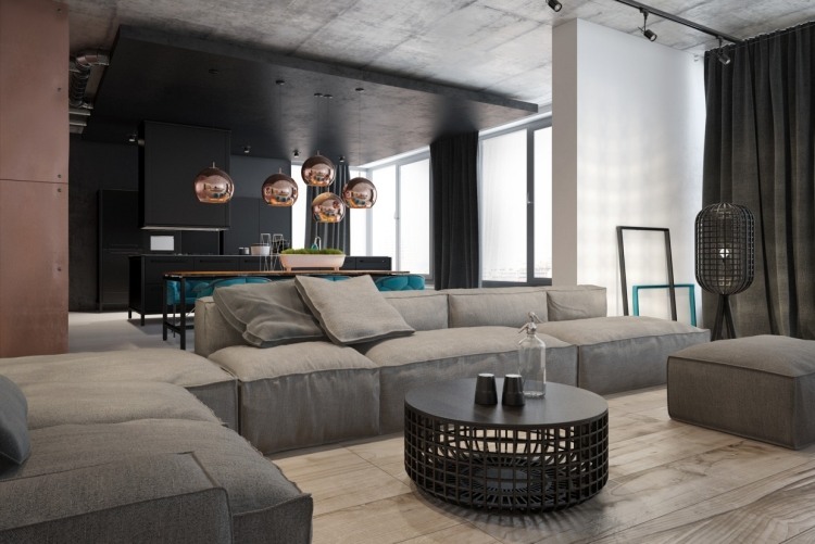 vardagsrum-grå-hörn-soffa-soffa-modulär-betong-tak-lampor-spegel-sfärer