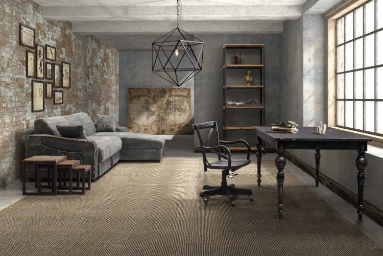 vardagsrum-grå-hörn-soffa-industriell-design-tegel-vägg-bilder-jute-matta-galler-fönster-stol-bord