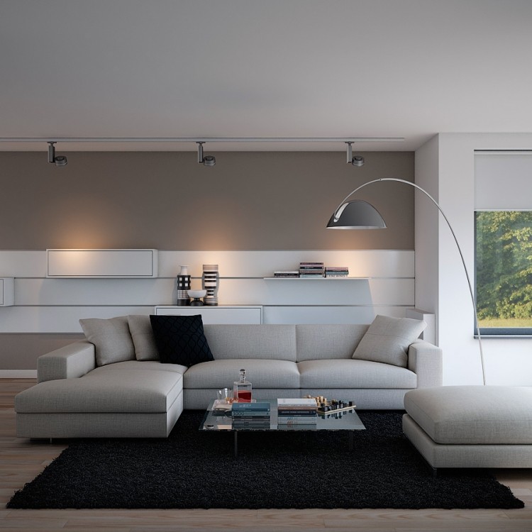 vardagsrum-grå-hörn-soffa-vit-golvlampa-matta-soffbord-väggmoduler