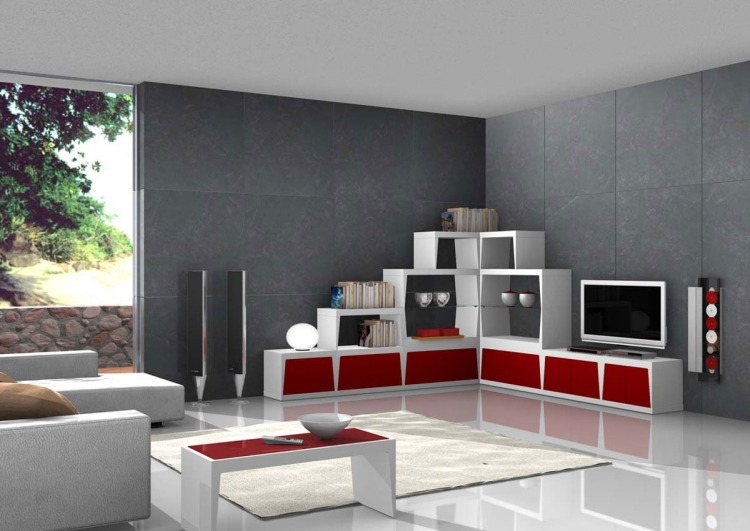 vardagsrum-grå-hörn-soffa-röd-vit-fönster-modern-levande vägg