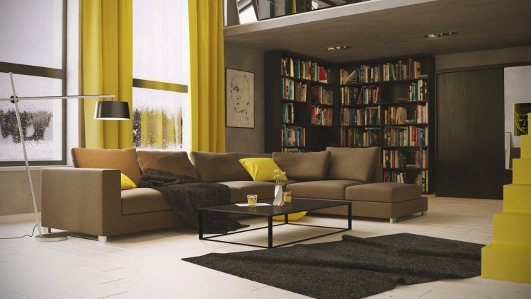 vardagsrum-grå-hörn-soffa-brun-senap-gul-bibliotek-vägg-öppna-planering-fönster