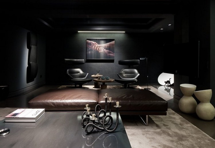 Vardagsrum-grå-färg-LED-belysning-mörkbrunt lädersoffa