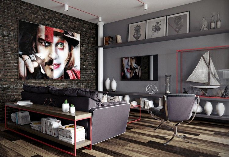 Vardagsrum-grå-tegelvägg-moderna-röda-färg accenter-idéer