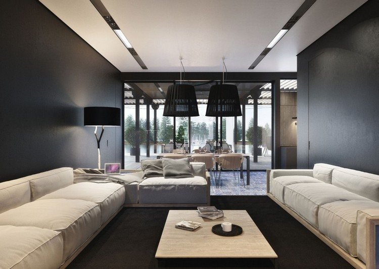 Vardagsrum-grå-hängande lampor-soffa-set-modern