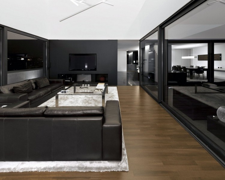 Vardagsrum-grå-svart-spegel vägg-shaggy matta