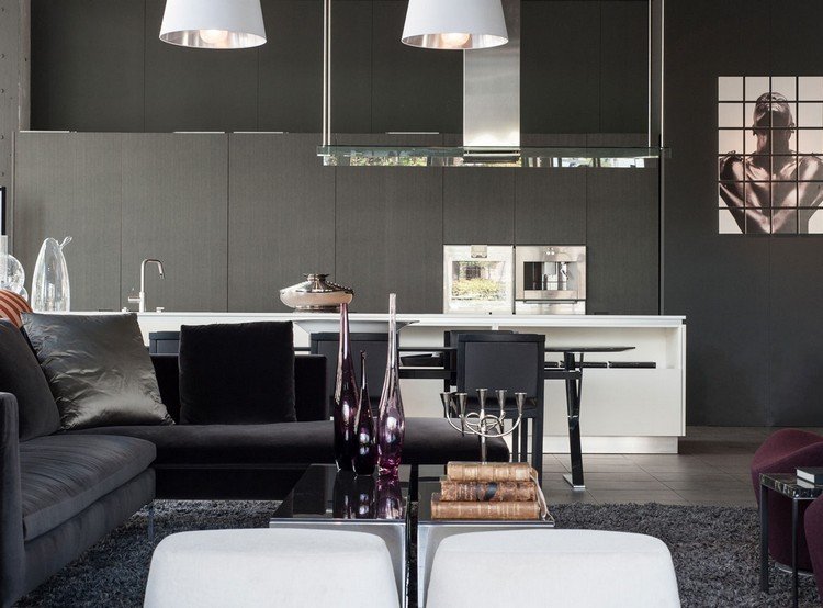 Vardagsrum-grå-vägg design-shaggy-matta-vit-kök ö
