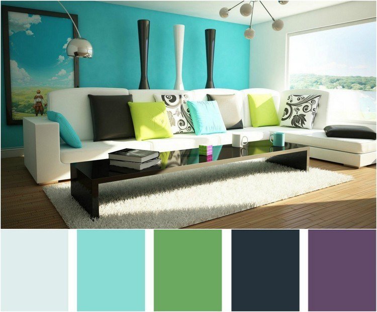 Vardagsrum i turkos vägg färg-färgglada-färg-palett-kombinera-väggmålning-natur-elegant-inredning