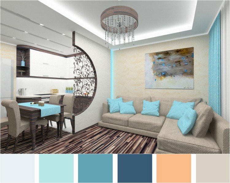 vardagsrum-turkos-brun-beige-matsal-ljuskrona-laminat golv-väggdekoration-väggmålning