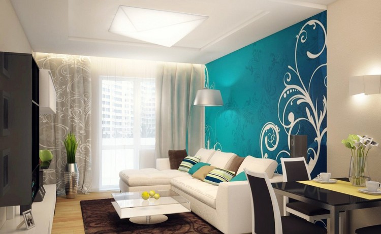 vardagsrum-turkos-tapeter-vägg-design-kombination-brun-vit-indirekt-belysning