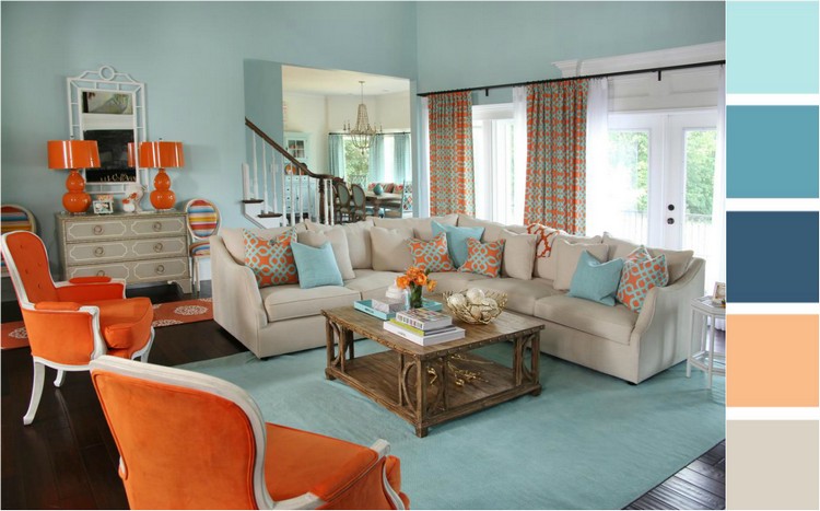 vardagsrum-turkos-vägg-färg-matta-orange-fåtölj-lampor-beige-soffa-färgpalett