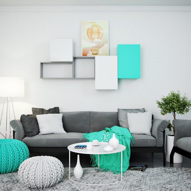 vardagsrum-turkos-grå-vägg-hyllor-vägg-skåp-soffa-grå-nyanser-kreativ-pall