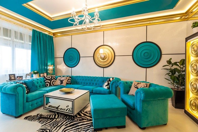vardagsrum-turkos-gul-extravagant-rund-vägg-dekoration-dekorativa-väggpaneler-guldfärgade
