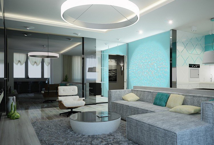 Vardagsrum i turkosgrå-kombinera-färg accenter-set-ljuskronor-led-belysning-modernt