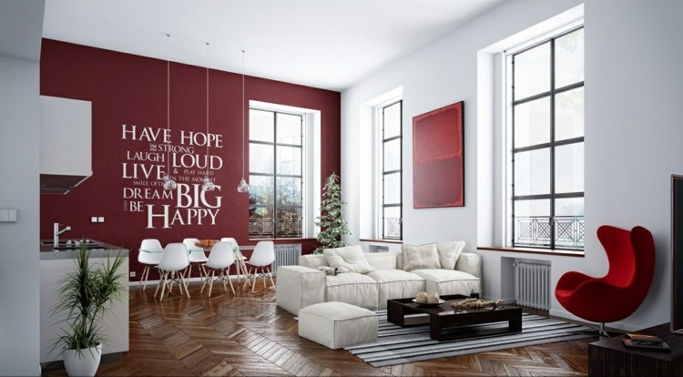modernt vardagsrum inredning rött vitt idé soffbord trä interiör