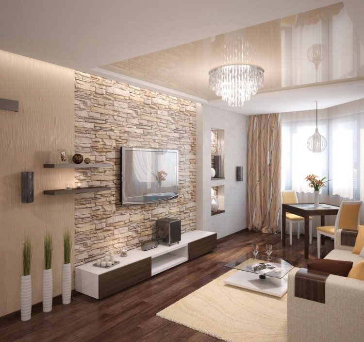 Modernt vardagsrum-inredning-beige-varm-natursten vägg-väggmonterad-tv