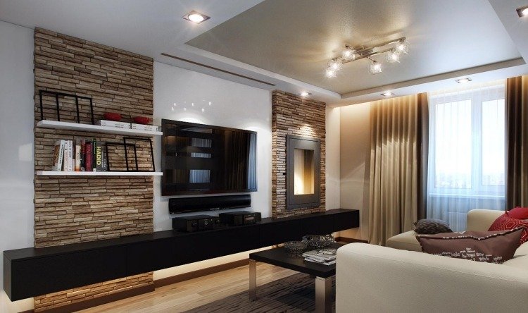 Vardagsrum modern design-natursten vägg-svart-tv-lowboard